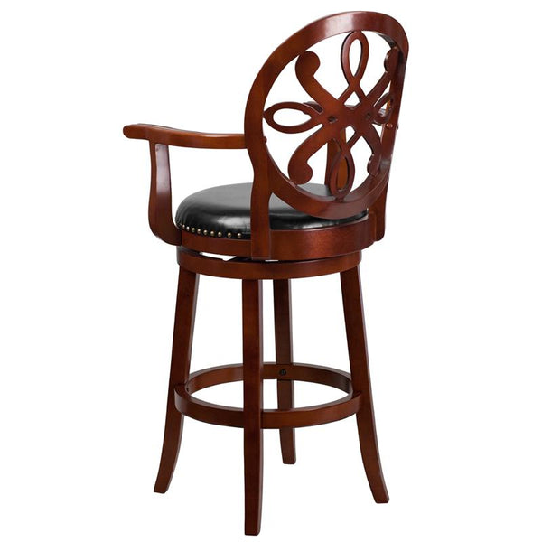 30'' High Cherry Wood Barstool With Arms, Carved Back And Black Leathersoft Swivel Seat By Flash Furniture | Bar Stools | Modishstore - 3