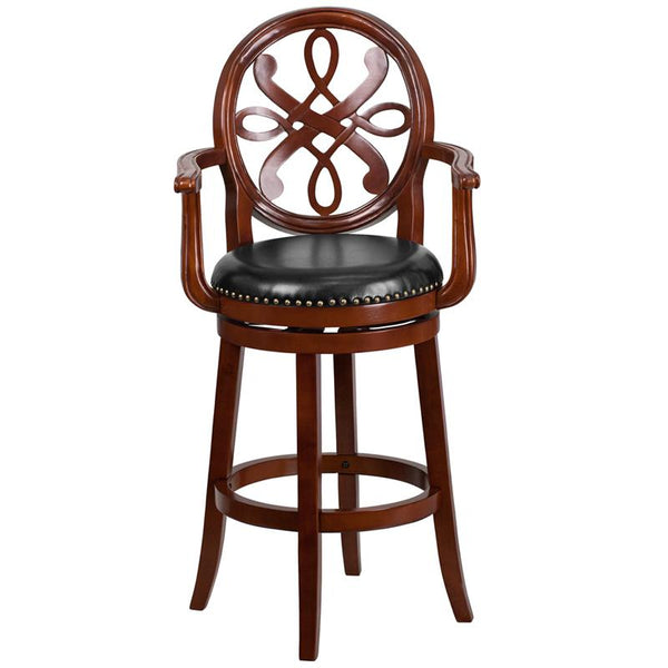 30'' High Cherry Wood Barstool With Arms, Carved Back And Black Leathersoft Swivel Seat By Flash Furniture | Bar Stools | Modishstore - 4